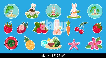 Cute Summer Fruits Berries Funny Rabbits Stickers Stock Vector
