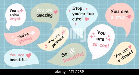 Collection of hand drawn speech bubbles with motivational compliment phrases in soft pastel colors on a grid background. Cute comic-style dialogue ele Stock Vector