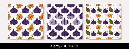 Collection of Bright Summer Seamless Fig Patterns with Whole Fruits Slices and Green Leaves Stock Vector