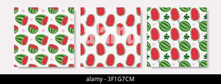 Set of Three Summer Watermelon Seamless Patterns with Slices and Seeds Stock Vector
