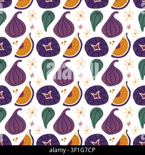 Seamless Purple Fig Pattern with Whole and Sliced Fruits and Decorative Flowers Illustration Stock Vector