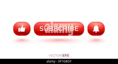Red glossy subscribe, like, and notification bell buttons for digital media. Essential UI elements for video content platforms. Vector illustration. Stock Vector