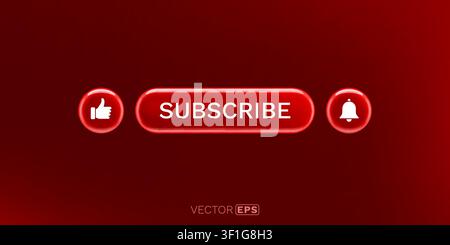 Modern glossy red Subscribe button with like and bell notification icons, perfect for video platforms and digital content. Vector illustration Stock Vector