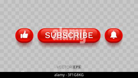 Glossy red subscribe, like, and notification bell buttons for web and app interfaces, perfect for call to action elements. Vector illustration Stock Vector