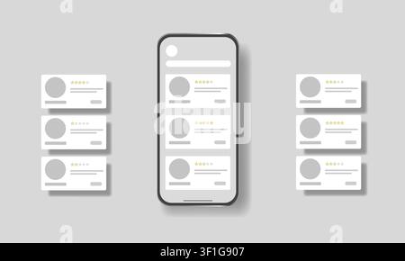 Smartphone mockup with customer reviews and rating cards on light background. User feedback and testimonial template with realistic shadows. Vector. Stock Vector