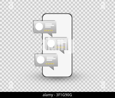 Modern smartphone mockup with customer review cards and five star ratings on light background. User feedback and testimonial concept for mobile app. Stock Vector