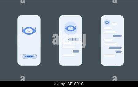 Modern AI chatbot mobile application interface with onboarding, conversation and messaging screens on light background.Clean smartphone UI concept. Stock Vector