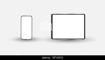 Device mockup set with smartphone and tablet isolated on light background. Modern mobile screen with realistic shadows for app showcase, UI UX project. Stock Vector