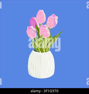Vector illustration of a bouquet of pink tulips in a white vase. Flat vector flower clipart, isolated on a dark background. Colorful image of tulips, home decor, festive decor Stock Vector