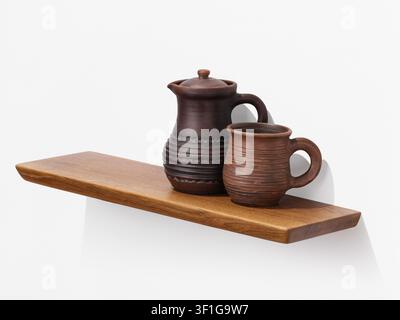 Handmade clay jug with lid and ceramic mug on wooden oak shelf on white wall ethnic home decor Stock Photo