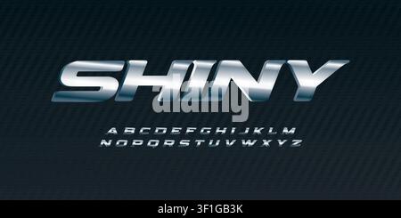 Steel sans expanded font, metal letters set, chrome alphabet, silver vector letters, bold italic uppercase font for man on black background. Stock Vector