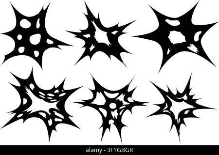 Abstract black spiky starburst vector shapes collection isolated on white background edgy tribal splash symbols for logo tattoo sticker graphic design Stock Vector