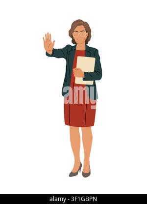 Professional woman waves hello with calm assurance Stock Vector