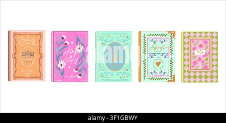Vector illustration of a set of beautiful book covers. Flat-style clipart featuring a collection of romance-themed books on a white background. Fiction and educational literature. Library. Reading for women. Stock Vector