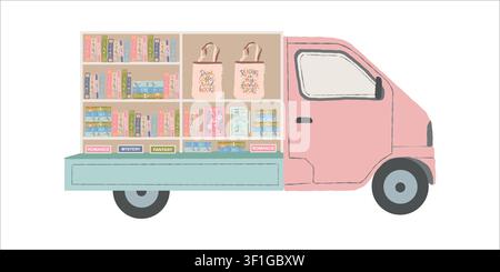 The Bookmobile. Vector flat illustration of a book van. Colorful clipart of a mobile book kiosk. Book stall, mobile bookstore, Bookshop. Isolated image. Van transformed into a mobile library, carrying books Stock Vector Stock Vector