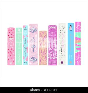 Colorful book spines. Set of books on a transparent background. Flat-style vector illustration. Bookshelf. Girly-style book clipart collection. Vector illustration Stock Vector