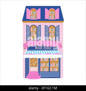 Colorful flat illustration of a bookstore building, front view. Vector image of a bookshop storefront, isolated on a white background. Clipart of a book kiosk, book spines Stock Vector