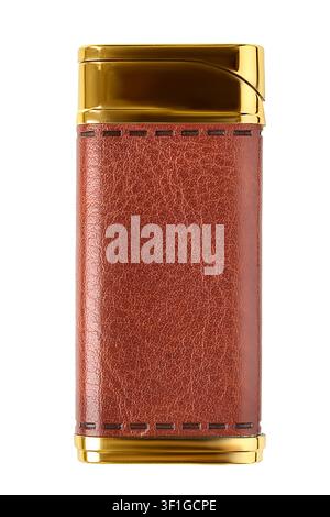 Elegant golden and leather cigarette lighter isolated on white background Stock Photo