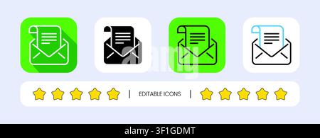 Set of four email and envelope application icons with five star rating symbols in green, blue, black and white styles Stock Vector