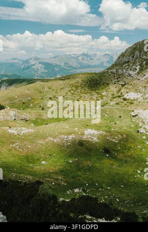 Green alpine hills stretch toward distant mountain peaks in Durmitor National Park, Montenegro. Bright summer light reveals the textures of the rugged Stock Photo