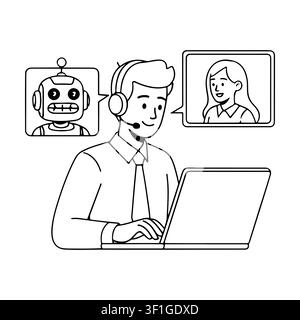 Customer Support Agent Using AI Chatbot and Video Call Line Art.  Stock Vector