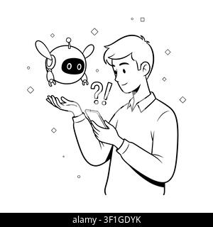 Man Interacting with AI Chatbot Assistant on Smartphone Line Art.  Stock Vector