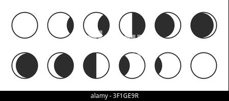 Set of twelve black and white moon phase symbols showing waxing and waning stages of the lunar cycle Stock Vector