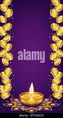 Festive Diwali vertical banner featuring a glowing diya with a decorative gold coin border on a deep purple background and large copy space. Stock Vector