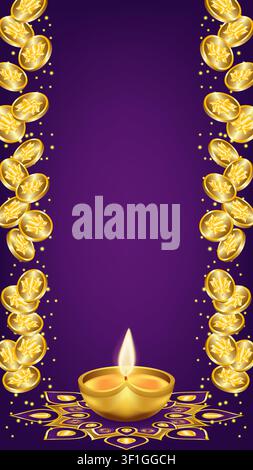 Festive Diwali vertical banner featuring a glowing diya with a decorative gold coin border on a deep purple background and large copy space. Stock Vector