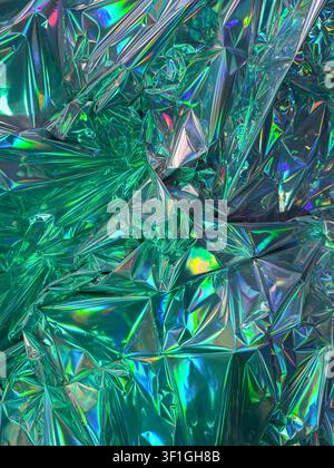 Crinkled green holographic foil texture with iridescent colors and sharp geometric folds. Highlights and shadows create depth. Suitable for festive, f Stock Photo