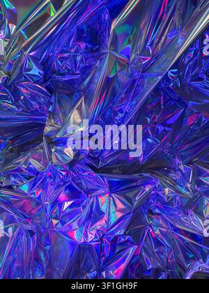 Abstract composition of crumpled reflective metallic foil with vibrant blue and pink color shifts. Textured surface catches light creating geometric p Stock Photo