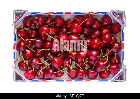 box of British red cherries sweet & juicy Penny variety from Kent UK from M&S isolated on white background Stock Photo