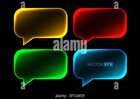 Set of vibrant neon glowing speech bubbles. Modern chat boxes on a dark background. Abstract design element. Vector illustration. Stock Vector