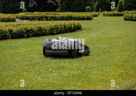 Robotic lawn mower operates on green grass in a garden. It performs lawn maintenance and automatic grass cutting tasks. Stock Photo