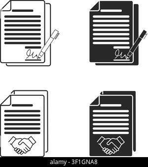 A set of simple black and white line icons representing business contracts, legal documents, partnership agreements, signatures, and handshakes. Stock Vector