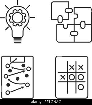 Minimalist line icons representing a lightbulb gear idea, puzzle pieces, tactical sports playbook, and a strategic tic-tac-toe game board. Stock Vector