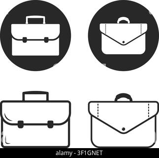 Professional black and white icons of business briefcases and portfolios in flat and outlined styles for corporate and office design. Stock Vector