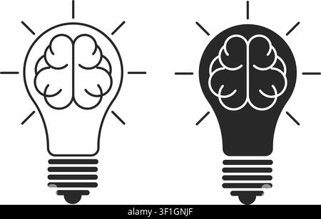 Minimalist icons of a brain inside a light bulb symbolizing innovation, intelligence, and the spark of new strategic thinking for problem solving. Stock Vector