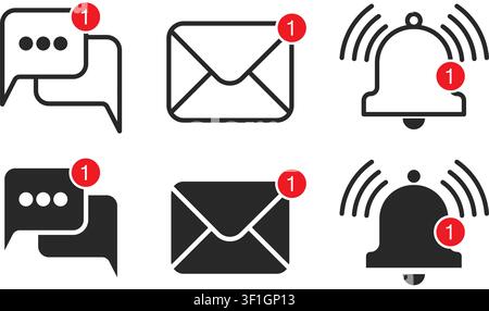 Set of flat notification icons featuring chat bubbles envelope and ringing bell symbols with red number one badges in outline and solid styles. Stock Vector
