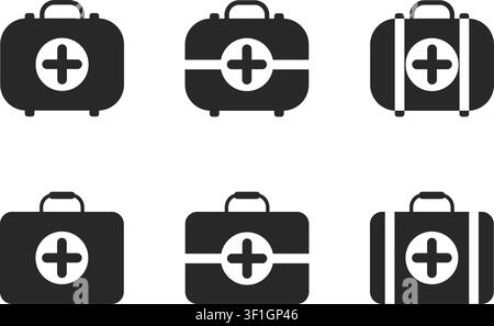A collection of minimalist black medical bag and emergency kit icons featuring cross symbols and various suitcase designs for healthcare concepts. Stock Vector