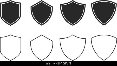 A collection of minimalist shield icons in solid black and outlined variations, perfect for security, protection, and defense design concepts. Stock Vector