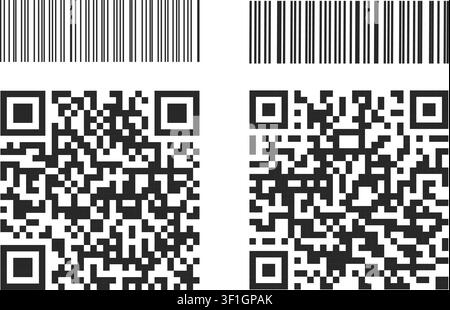 A set of digital identification symbols including traditional vertical bar codes and two dimensional matrix codes for data scanning and tracking. Stock Vector