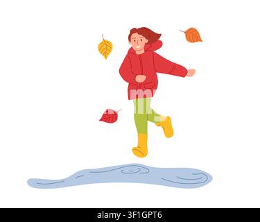 Cheerful autumn walk. Girl in rubber boots running into puddle. Vector illustration for seasonal poster, playful lifestyle Stock Vector