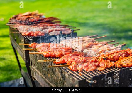 Rows of chicken skewers cooking on a long barbecue grill outdoors on a sunny day Stock Photo