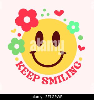 Keep Smiling retro smiley face design with flowers Stock Vector