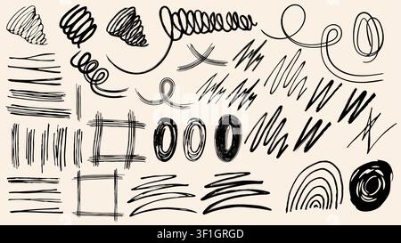 Grunge-style lines, doodles, strokes, rough charcoal or pen marks, underlines and strikethroughs, grids. Doodles, crossed-out lines, and curved lines. Stock Vector