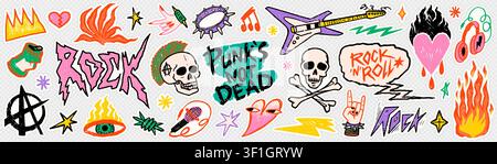 Punk music rock sticker set with doodle skulls, guitar, fire and graffiti symbols in colorful hand drawn style on a transparent background like PNG Stock Vector