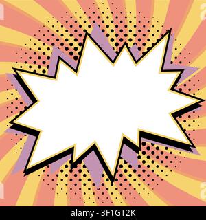 starburst comic text box with bold jagged bubble, gold and lavender on peach and yellow spiral background with black halftone dots. Retro vector comic Stock Vector