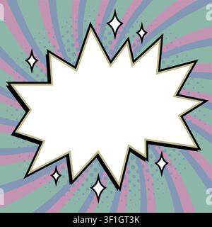 Comic starburst text box with star shape bubble on mint green and purple spiral background. Retro vector comic background with copy space for Stock Vector