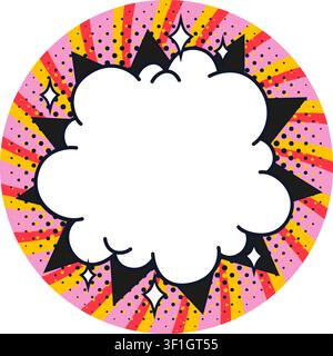 Circle sticker comic cloud with black starburst frame and halftone dots on pink, yellow and red radial rays. Comic sticker with bold outline and spark Stock Vector